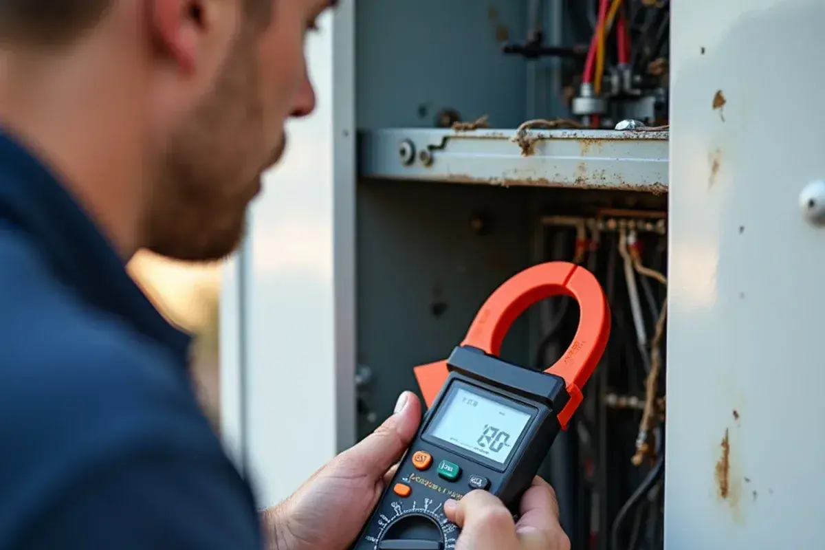 Clamp meter measuring compressor running amperage in a residential home