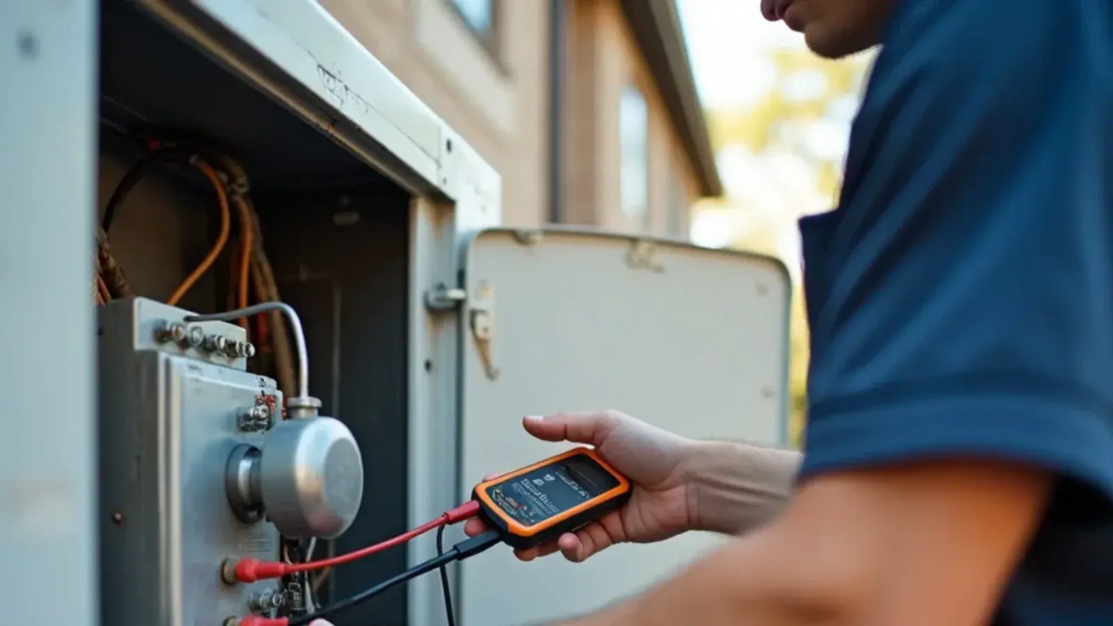 HVAC technician testing an electrical run capacitor with a multimeter in Killeen, TX
