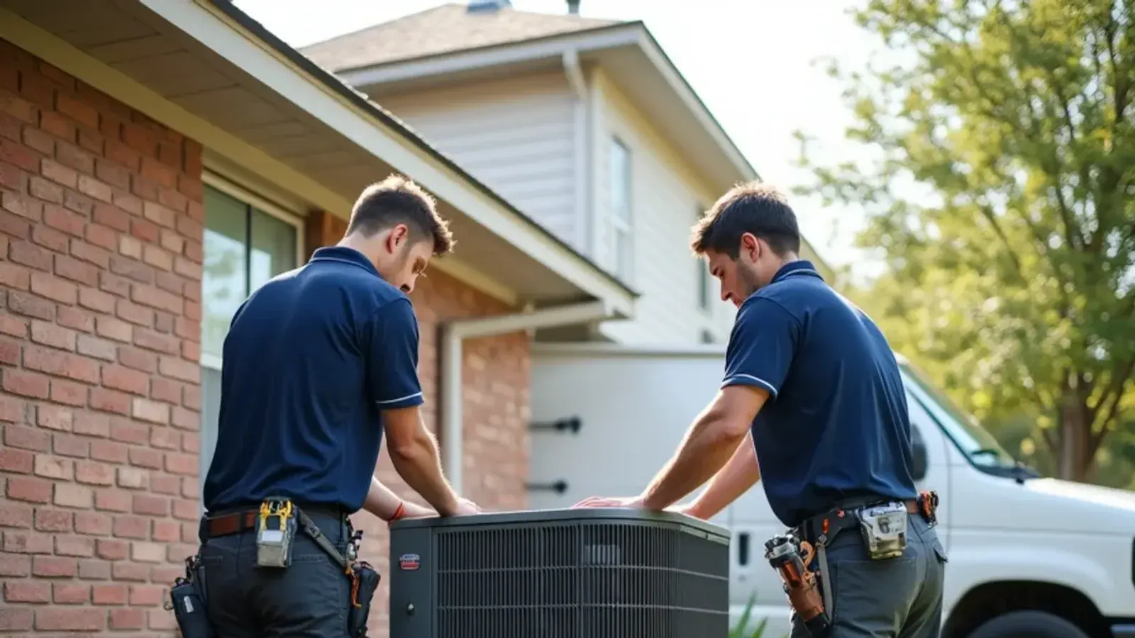 HVAC installation crew placing a new condensing unit on a level equipment pad in Killeen, TX