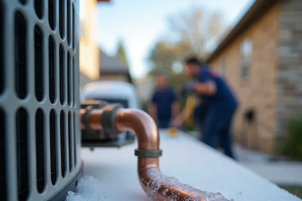 Heavy frost accumulation on copper suction line in a residential home