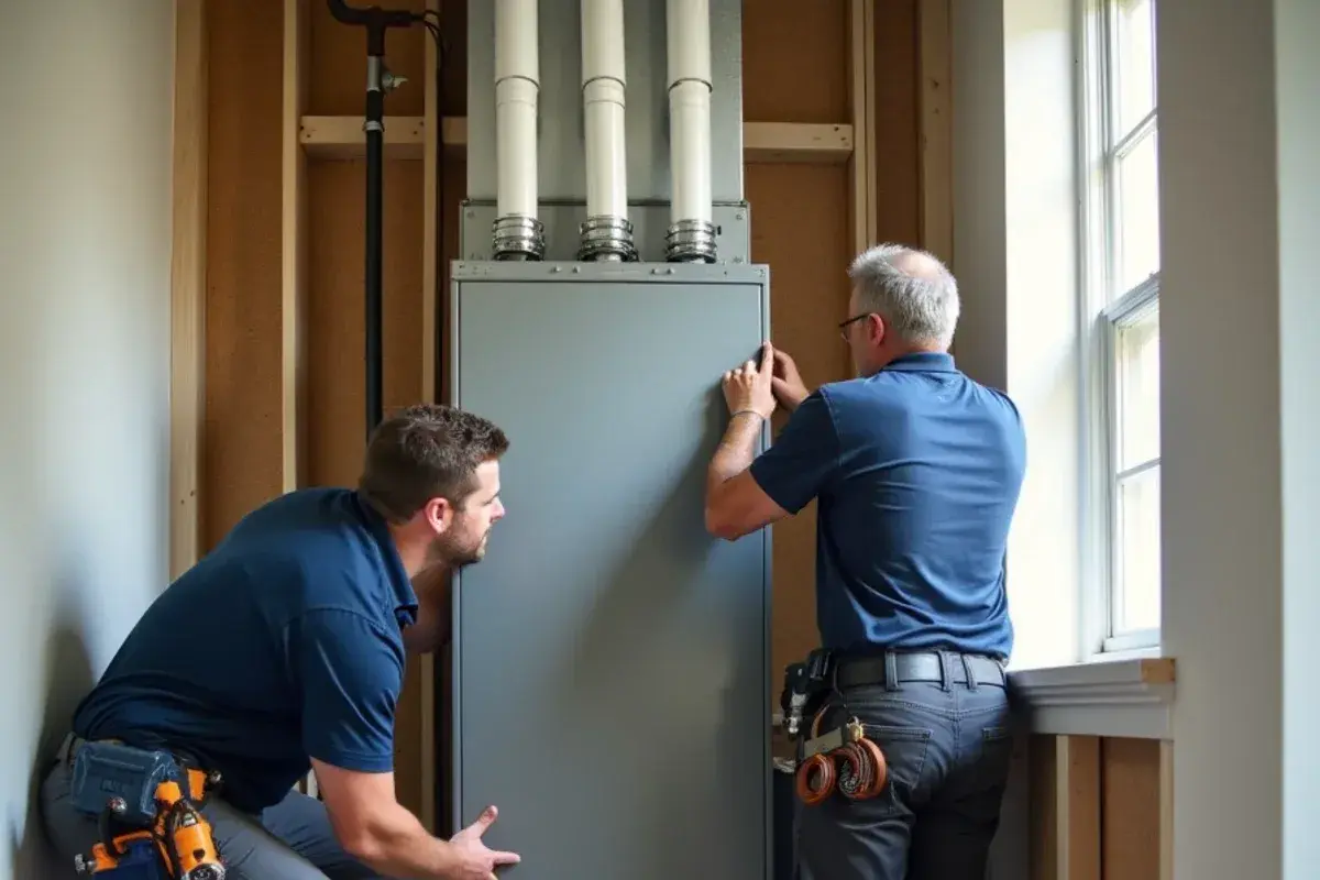 Setting new gas furnace cabinet onto return air plenum in a Killeen home