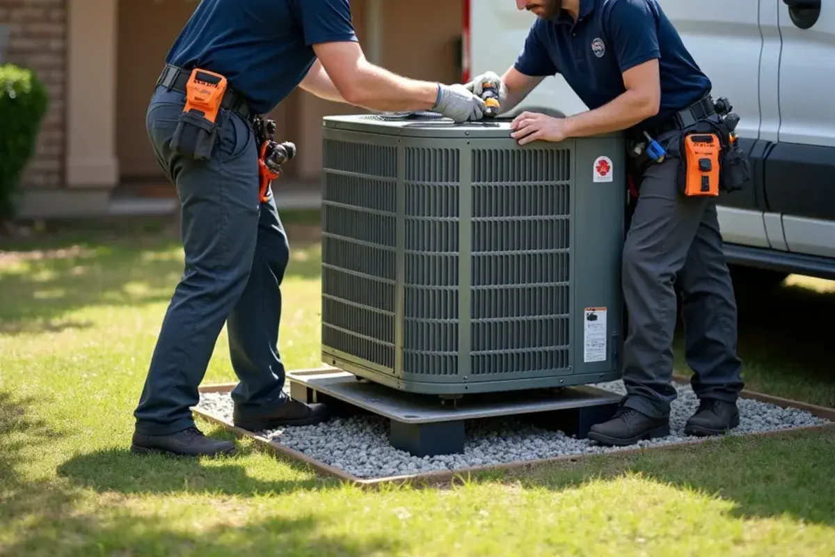 Positioning new heat pump condensing unit on snow-riser legs in a Killeen home