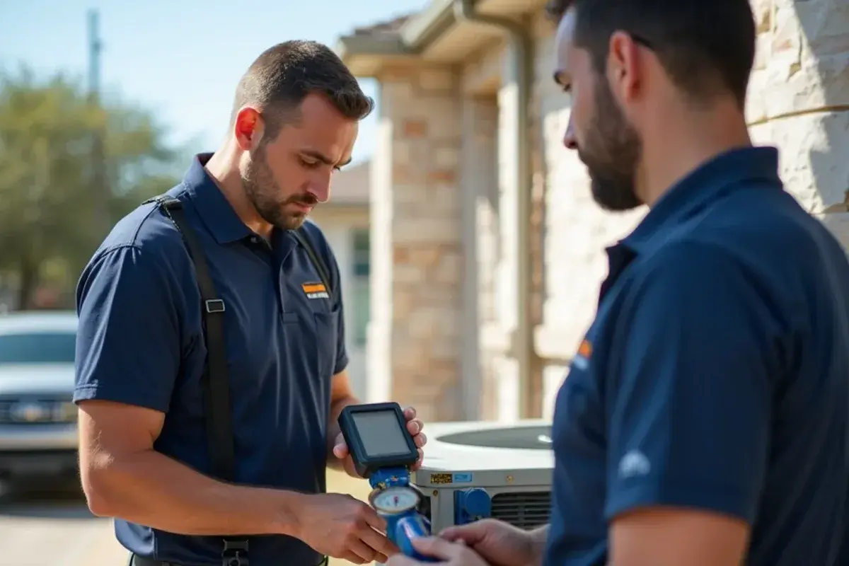 Technician reviewing dual-mode operating pressures on digital manifold gauge