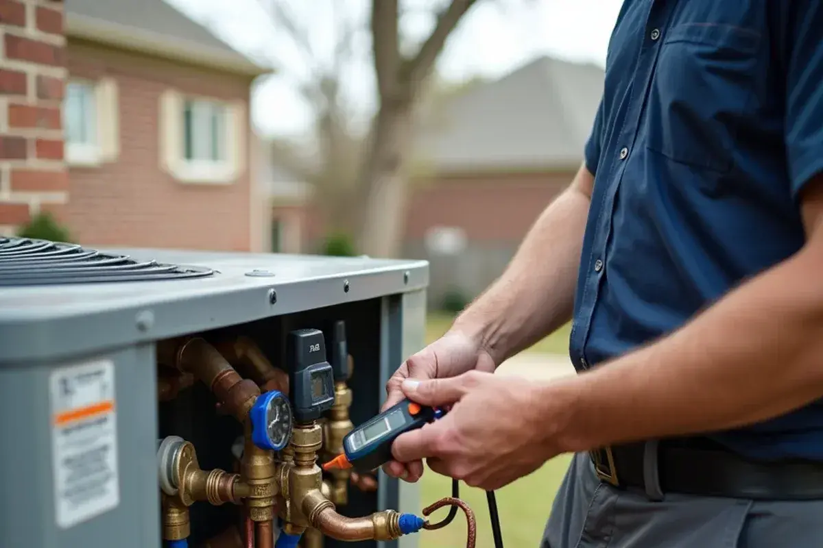 Technician testing four-way reversing valve temperature differential in a Killeen home