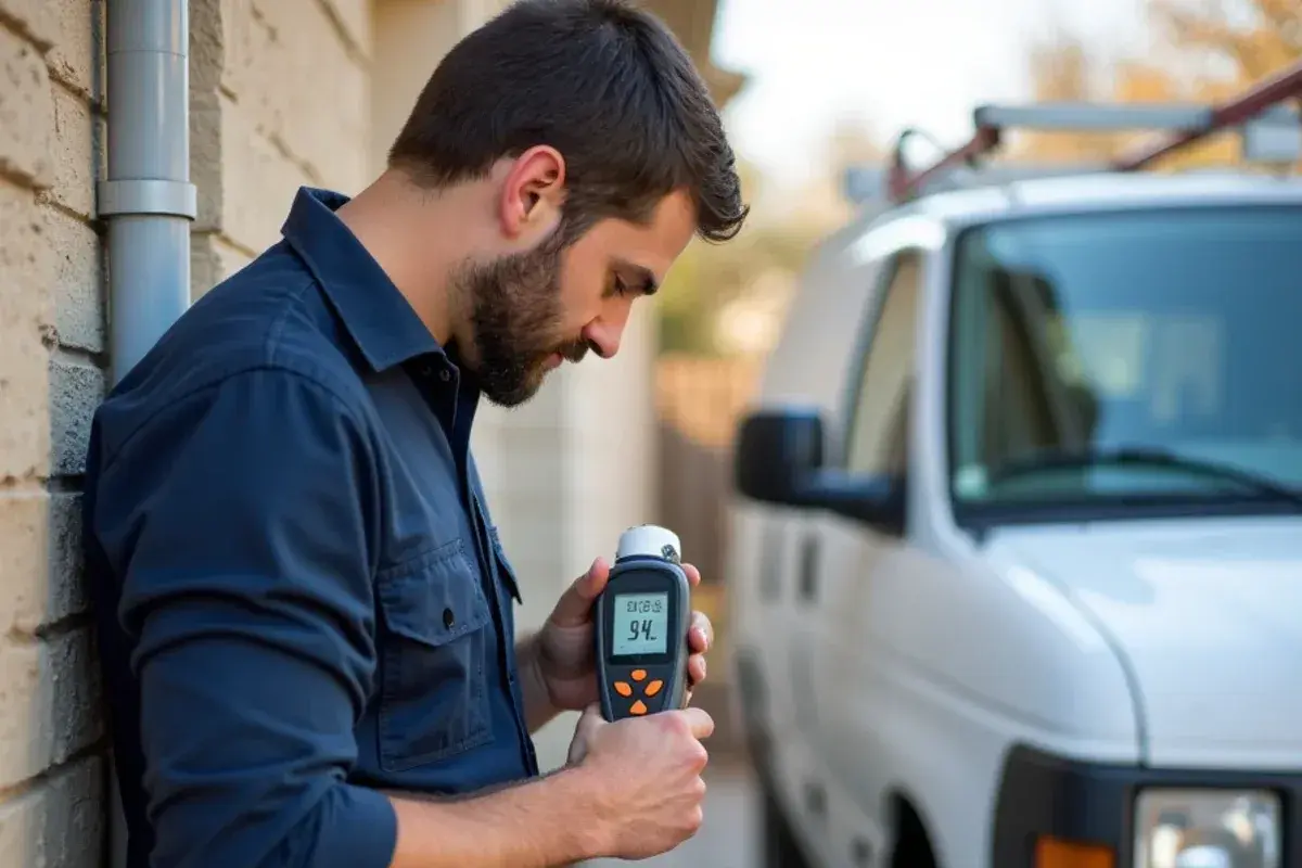Technician measuring restored warm air delivery at indoor supply register in Central Texas