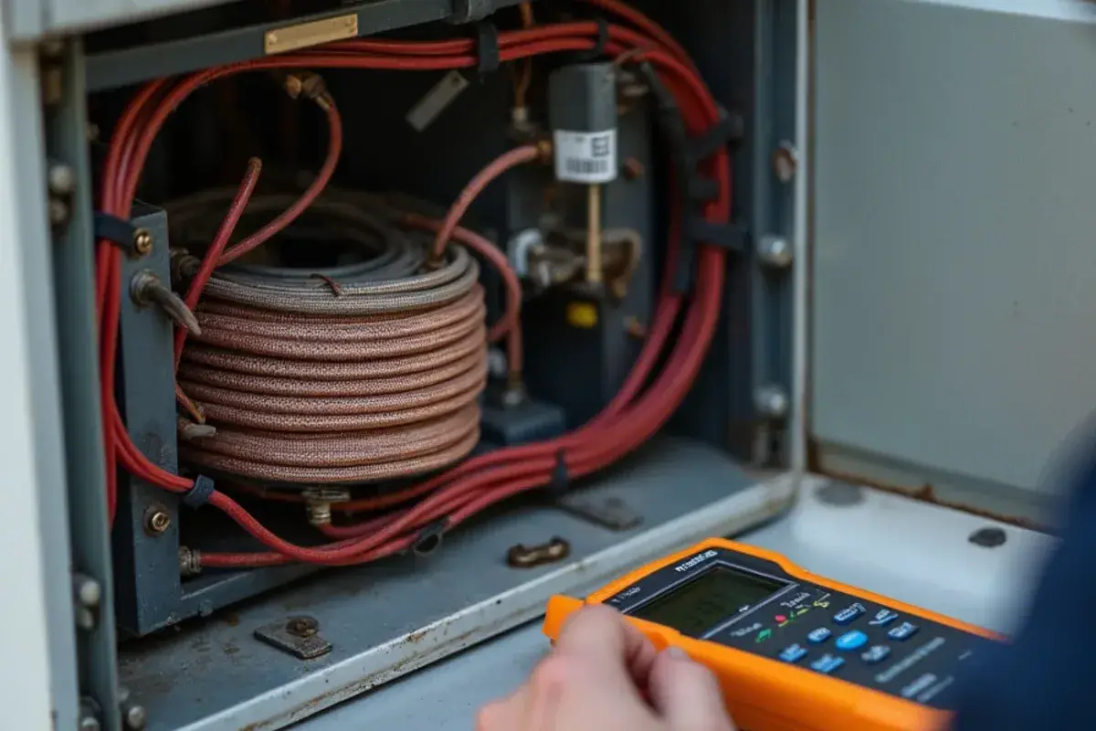 Technician testing electric auxiliary heat strip sequencer inside air handler