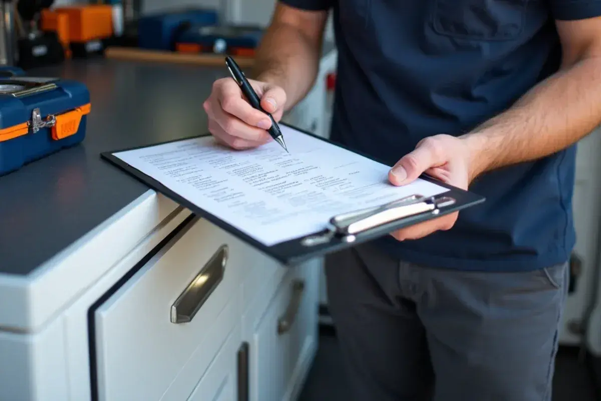 HVAC technician writing temperature split readings and electrical amperage checks on a detailed diagnostic report