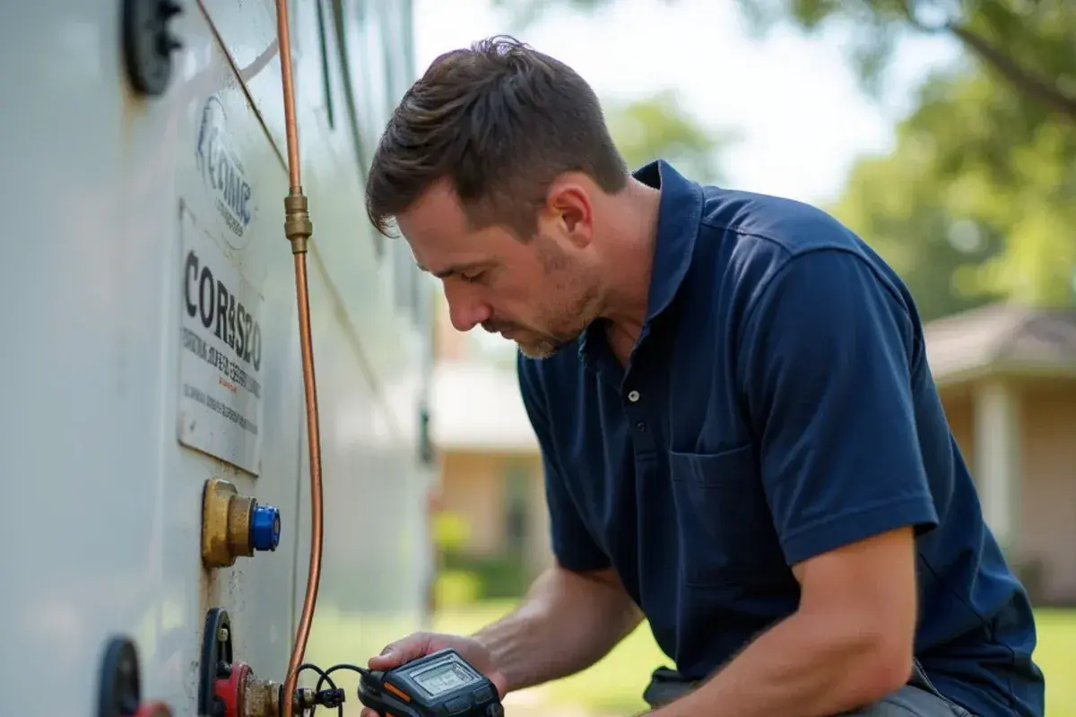 Electronic halogen leak detector inspecting AC tubing in a residential home