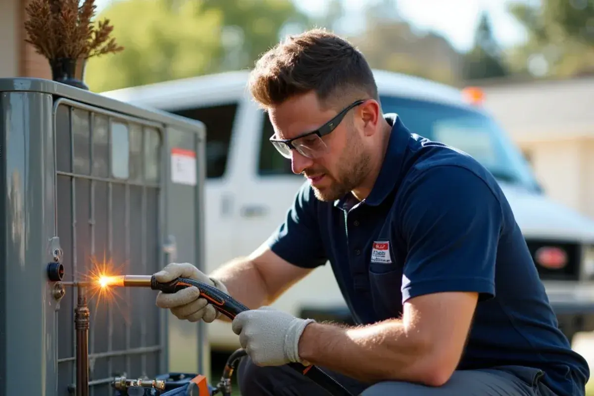 Technician brazing copper line set with silver alloy under nitrogen purge