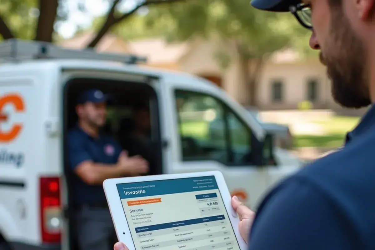 Homeowner reviewing upfront diagnostic findings and digital photos on a technician tablet