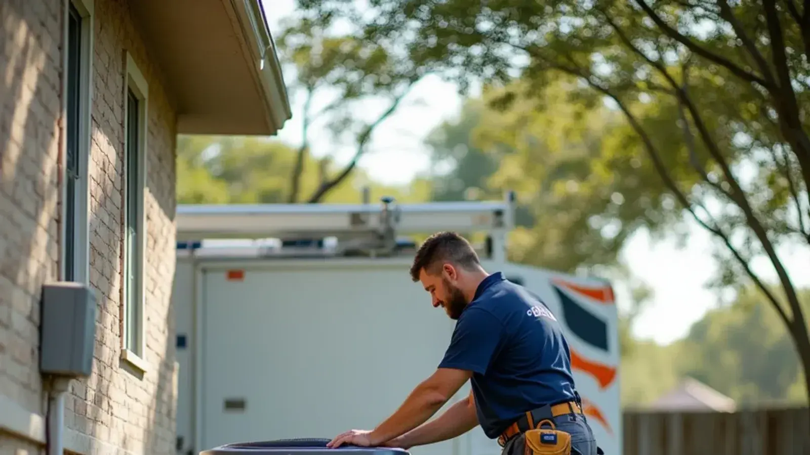 Certified HVAC technician servicing residential air conditioner condenser in Bell County, TX