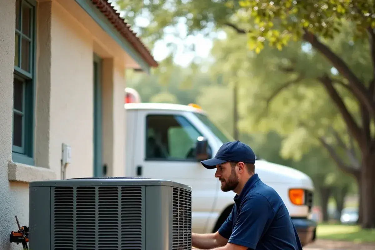 Technician inspecting AC unit outside a historic Belton home