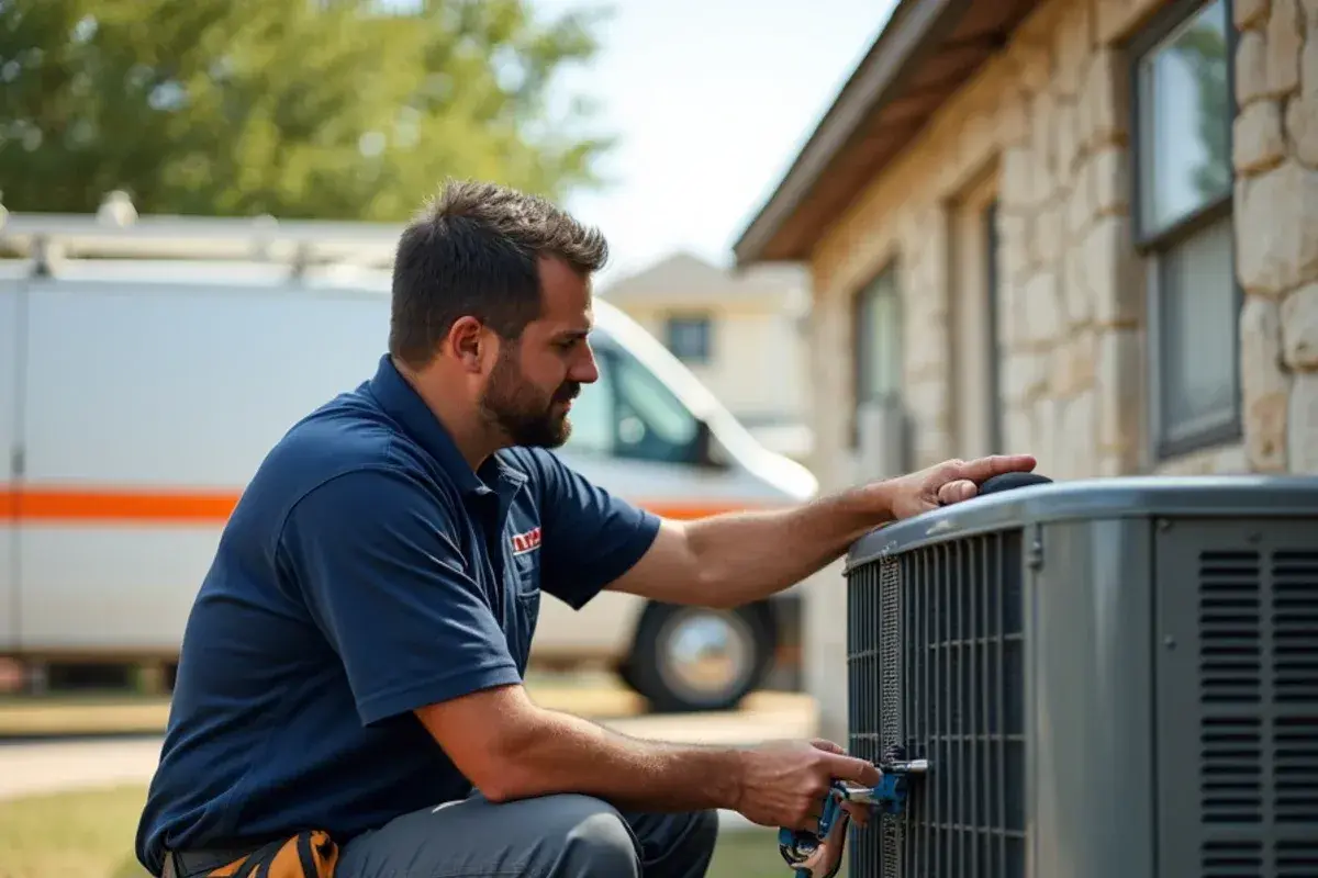 Technician inspecting AC condenser unit near military community, TX