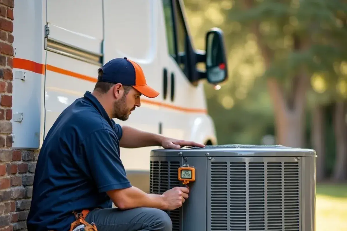 Technician inspecting AC condenser unit in Gatesville, TX