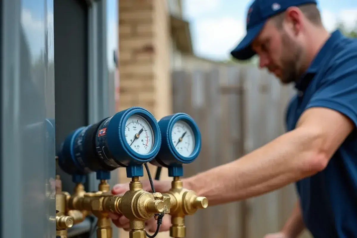 Digital manifold gauges hooked up to residential heat pump in Gatesville