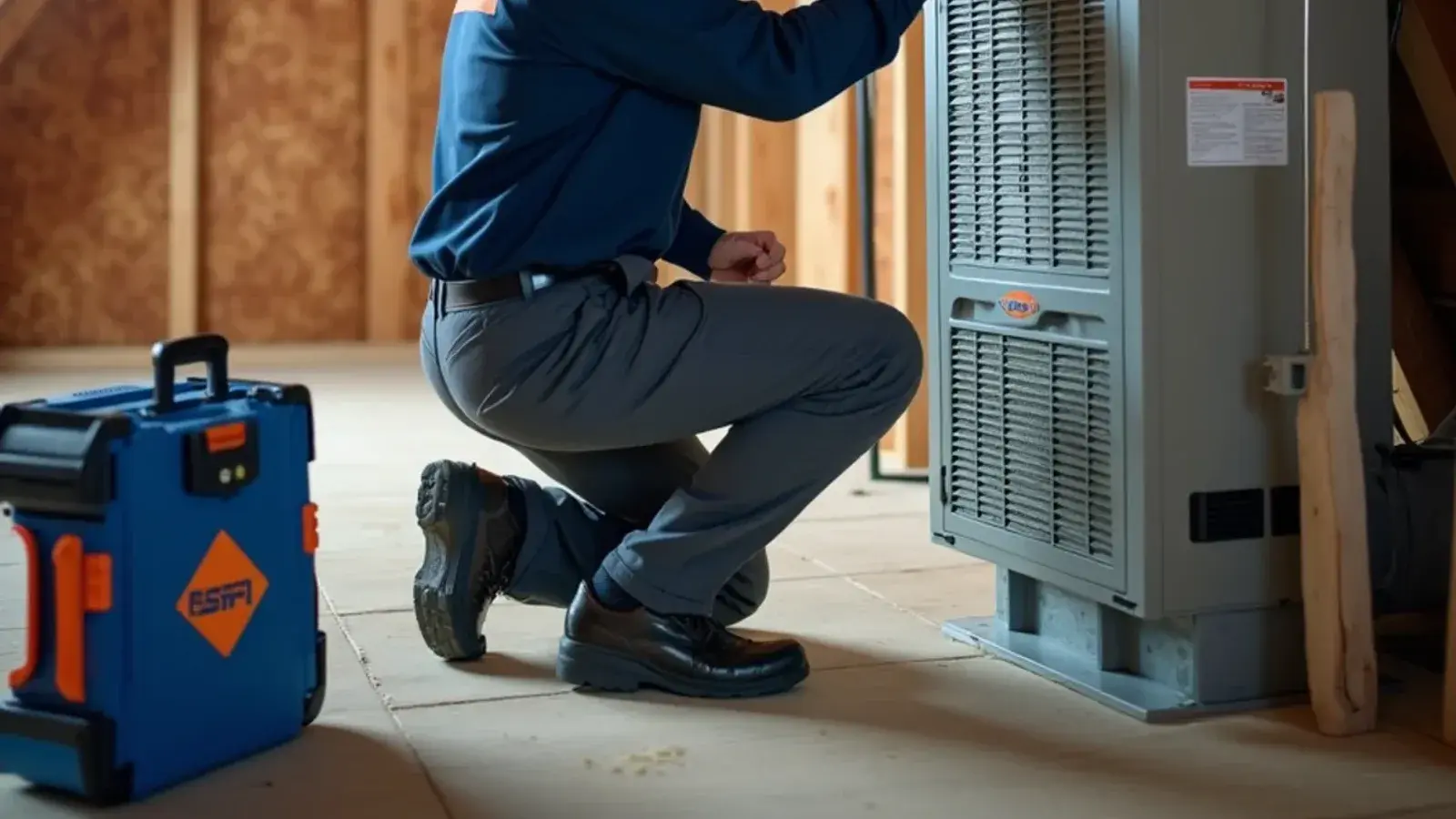 Certified HVAC technician inspecting attic air handler in Harker Heights, TX