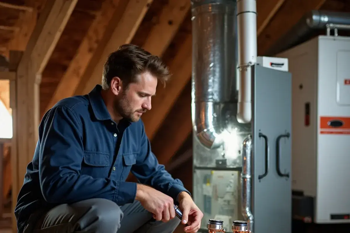 Furnace inspection and heat exchanger check in a Lampasas attic