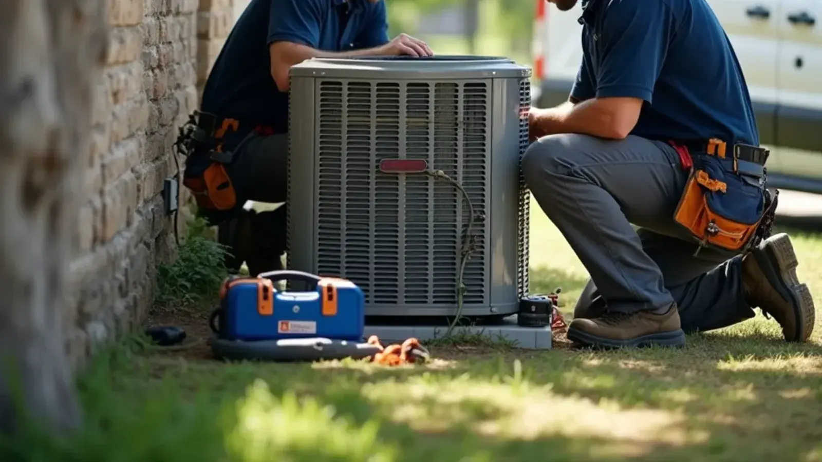 Certified HVAC technician servicing outdoor heat pump in Lampasas, TX