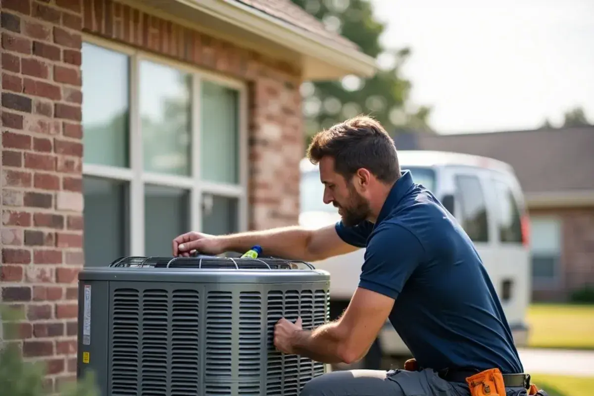 Technician inspecting AC condenser in a modern Nolanville neighborhood