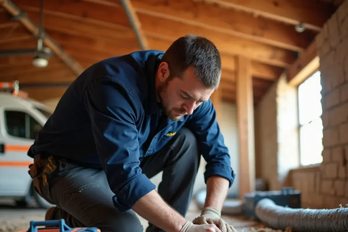 Technician sealing builder flex ductwork inside a Nolanville attic