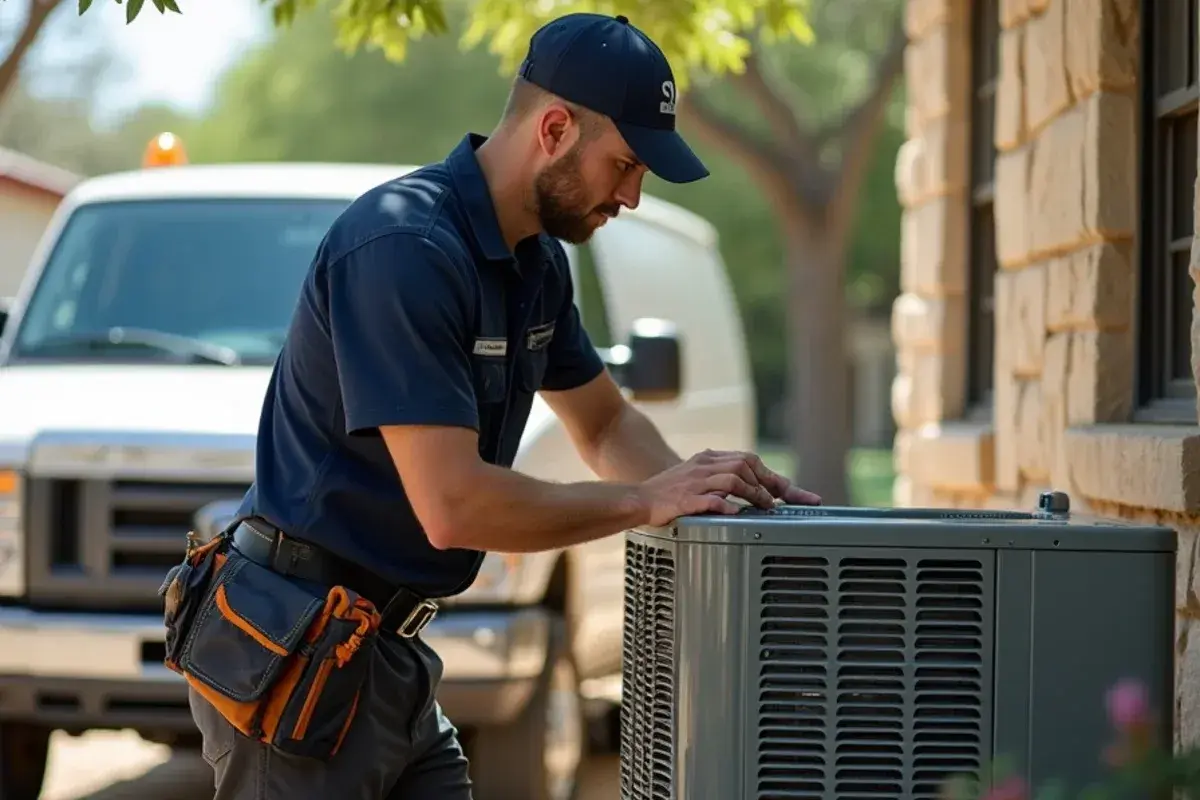 Technician testing AC condenser outside a historic limestone property in Salado
