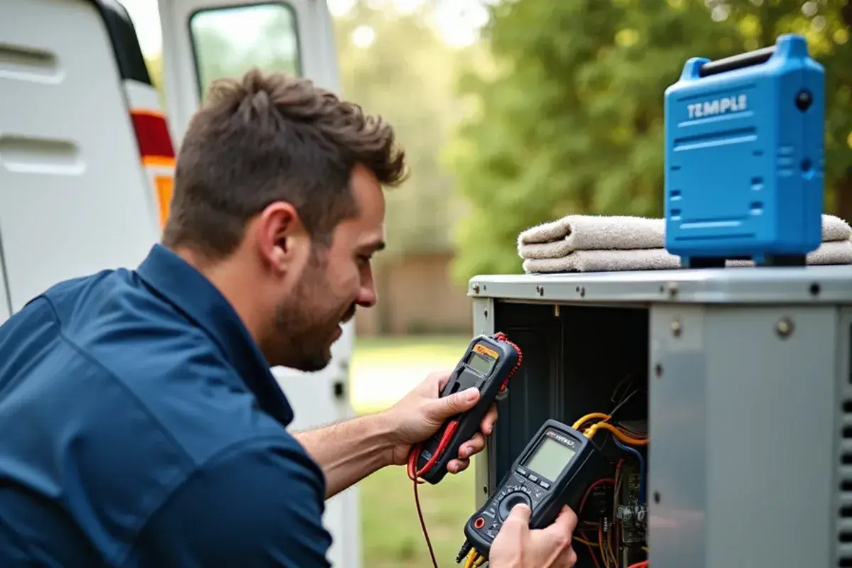 Technician inspecting residential air conditioning unit in Temple, TX