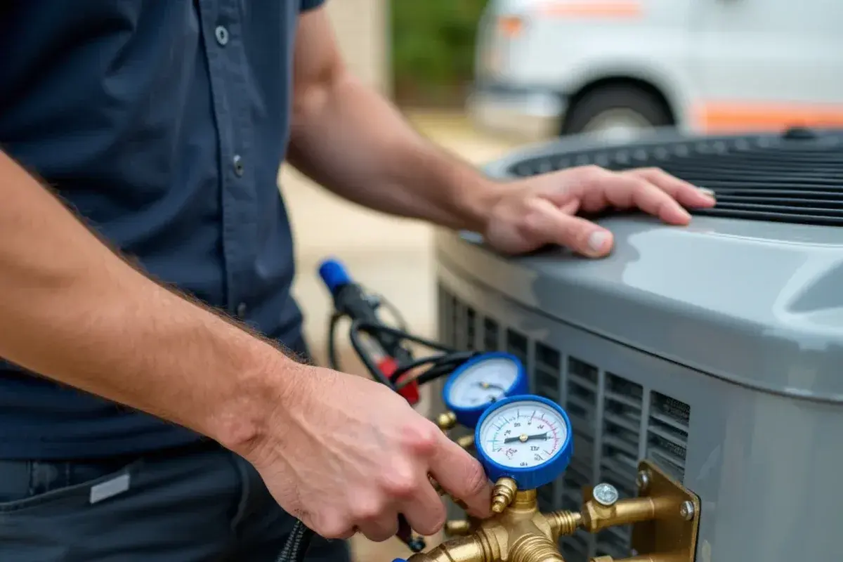 Technician measuring refrigerant line pressures on a Temple heat pump