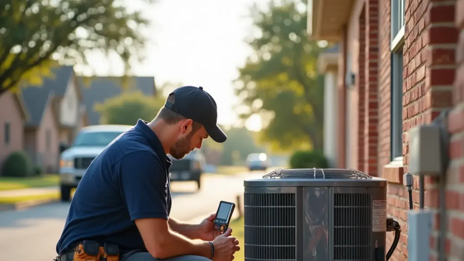 Certified HVAC technician servicing air conditioning equipment in Temple, TX