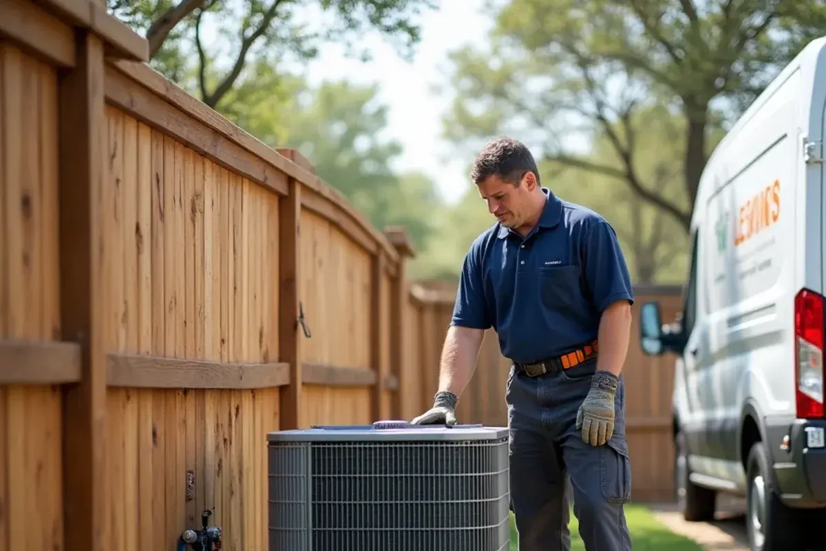 Outdoor split-system heat pump installed with code-compliant clearance along a residential side yard fence